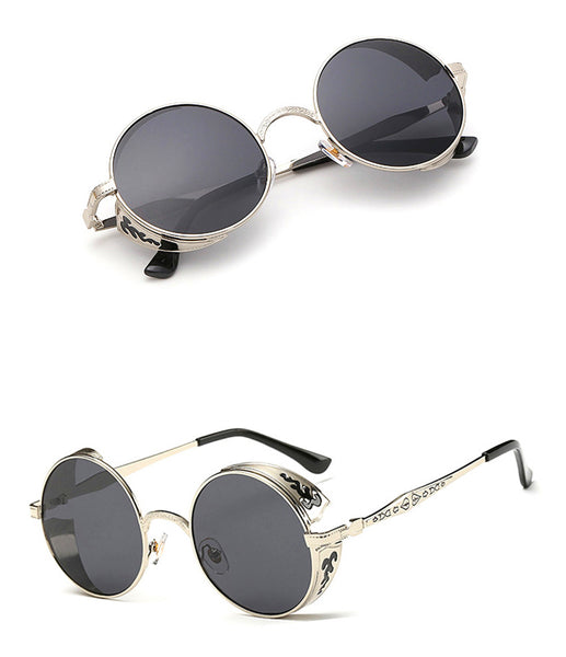 Vintage Burning Man Round Sunglasses Men Steampunk Carving Flower Metal Frame Coating Mirrored Glasses Retro Male Sunglasses